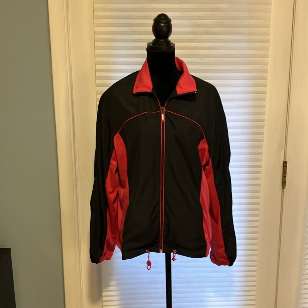 Vintage Oleg Cassini Sport Windbreaker Black Red Zip XL Retro Y2K Track Jacket